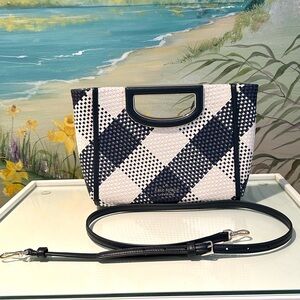 NWOT Kate Spade Alexia Gingham Wovan Navy/White Straw Crossbody Clutch